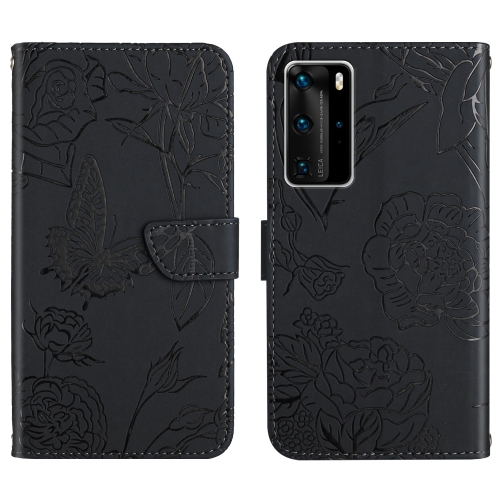 

For Huawei P40 Pro Skin Feel Butterfly Peony Embossed Leather Phone Case(Black)