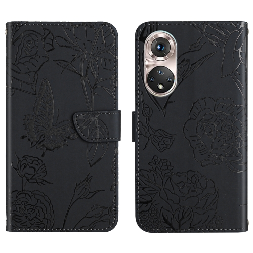 

For Huawei P50 Skin Feel Butterfly Peony Embossed Leather Phone Case(Black)