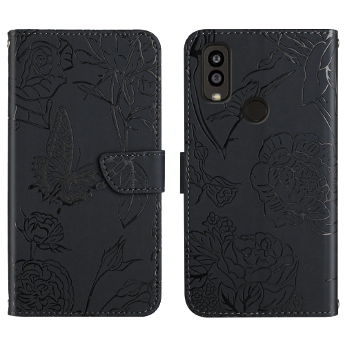 

For Kyocera Android One S9 Skin Feel Butterfly Peony Embossed Leather Phone Case(Black)