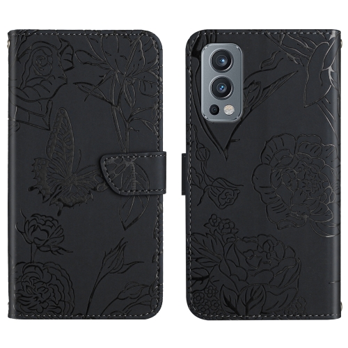 

For OnePlus Nord 2 5G Skin Feel Butterfly Peony Embossed Leather Phone Case(Black)