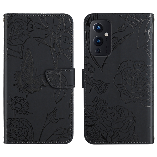 

For OnePlus 9 Skin Feel Butterfly Peony Embossed Leather Phone Case(Black)