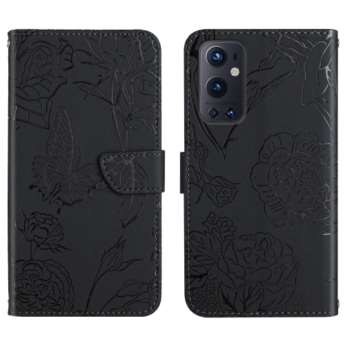 

For OnePlus 9 Pro Skin Feel Butterfly Peony Embossed Leather Phone Case(Black)