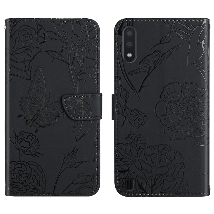 

For Samsung Galaxy A01 Skin Feel Butterfly Peony Embossed Leather Phone Case(Black)