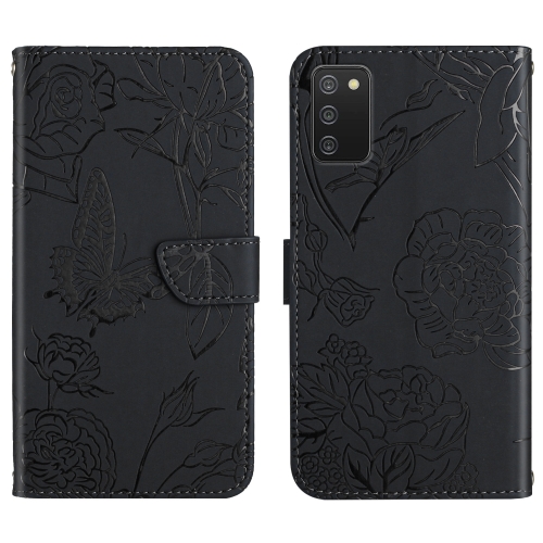 

For Samsung Galaxy A02s Skin Feel Butterfly Peony Embossed Leather Phone Case(Black)