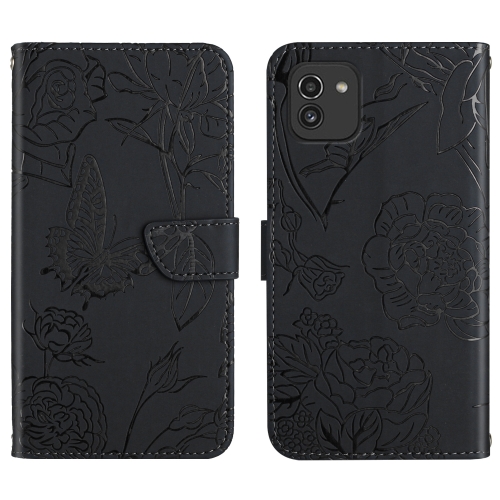 

For Samsung Galaxy A03 164mm Skin Feel Butterfly Peony Embossed Leather Phone Case(Black)