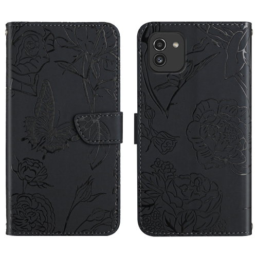 

For Samsung Galaxy A03 166mm Skin Feel Butterfly Peony Embossed Leather Phone Case(Black)