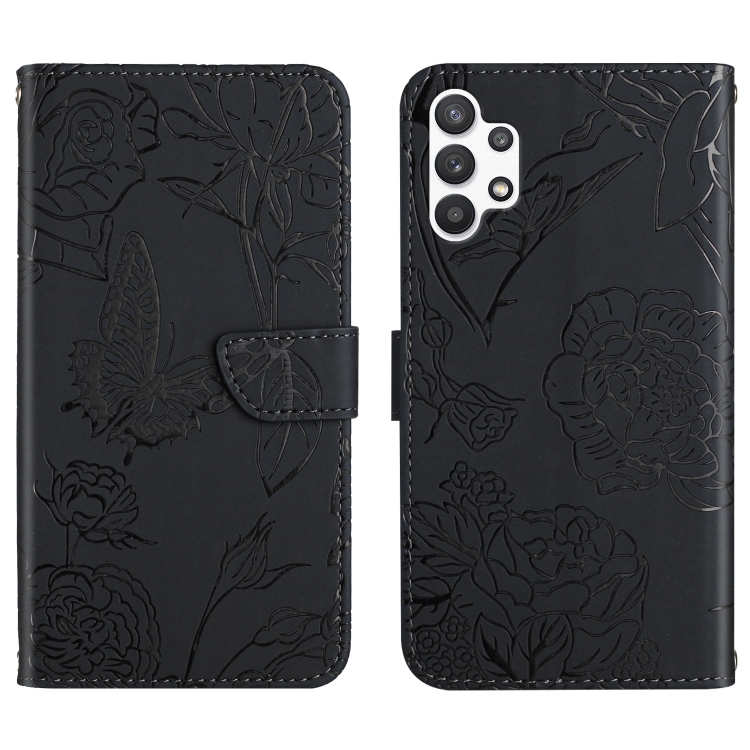 

For Samsung Galaxy A13 4G Skin Feel Butterfly Peony Embossed Leather Phone Case(Black)