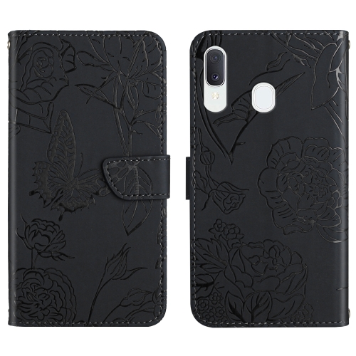 

For Samsung Galaxy A20 / A30 Skin Feel Butterfly Peony Embossed Leather Phone Case(Black)