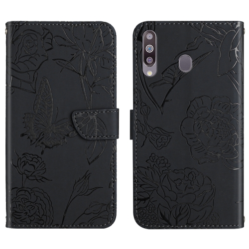 

For Samsung Galaxy A20s Skin Feel Butterfly Peony Embossed Leather Phone Case(Black)