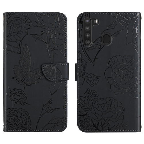 

For Samsung Galaxy A21 Skin Feel Butterfly Peony Embossed Leather Phone Case(Black)