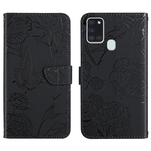 

For Samsung Galaxy A21s Skin Feel Butterfly Peony Embossed Leather Phone Case(Black)