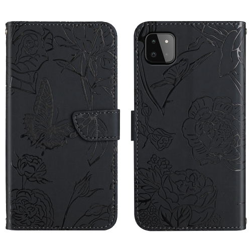 

For Samsung Galaxy A22 5G Skin Feel Butterfly Peony Embossed Leather Phone Case(Black)