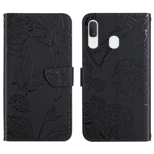 

For Samsung Galaxy A40 Skin Feel Butterfly Peony Embossed Leather Phone Case(Black)