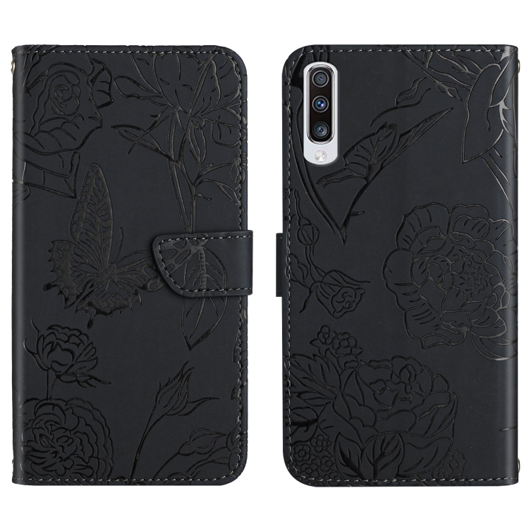 

For Samsung Galaxy A70 Skin Feel Butterfly Peony Embossed Leather Phone Case(Black)