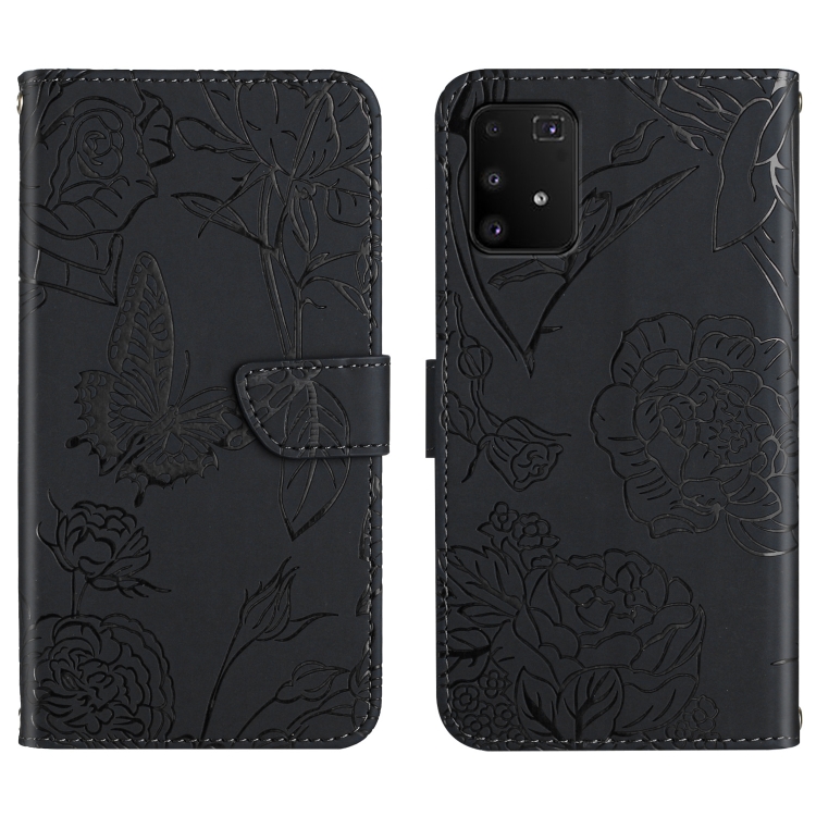 

For Samsung Galaxy A91 Skin Feel Butterfly Peony Embossed Leather Phone Case(Black)