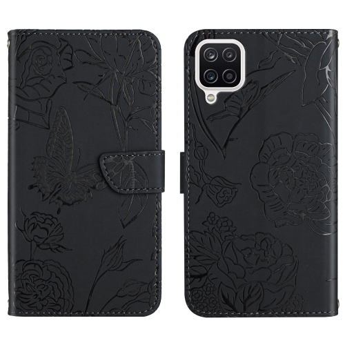 

For Samsung Galaxy F62 / M62 Skin Feel Butterfly Peony Embossed Leather Phone Case(Black)