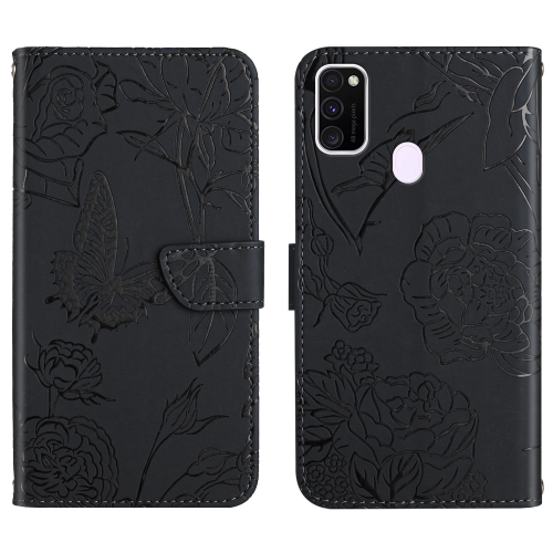 

For Samsung Galaxy M21 Skin Feel Butterfly Peony Embossed Leather Phone Case(Black)