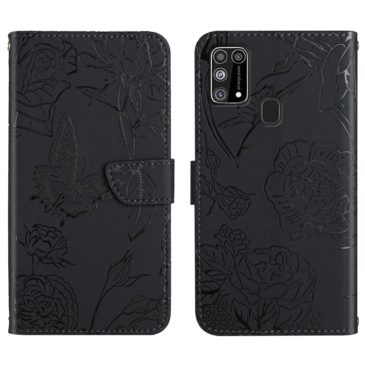 

For Samsung Galaxy M31 Skin Feel Butterfly Peony Embossed Leather Phone Case(Black)