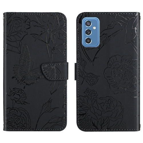 

For Samsung Galaxy M52 5G Skin Feel Butterfly Peony Embossed Leather Phone Case(Black)