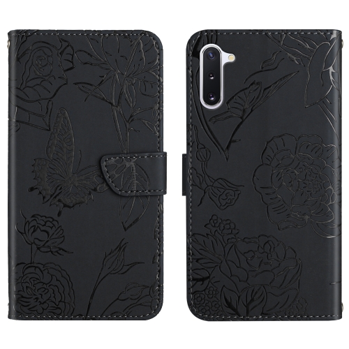 

For Samsung Galaxy Note10 Skin Feel Butterfly Peony Embossed Leather Phone Case(Black)