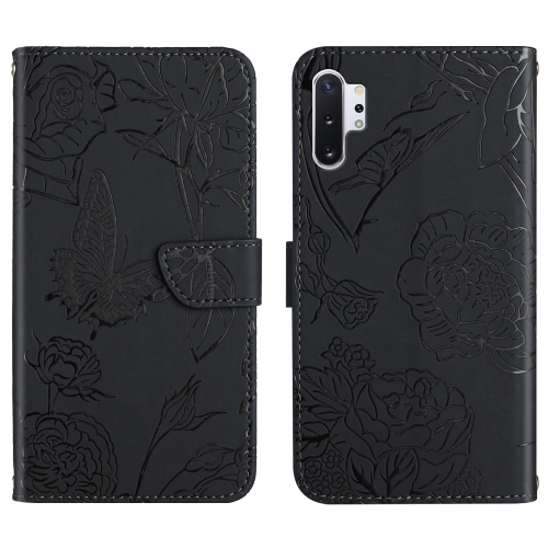 

For Samsung Galaxy Note10+ Skin Feel Butterfly Peony Embossed Leather Phone Case(Black)