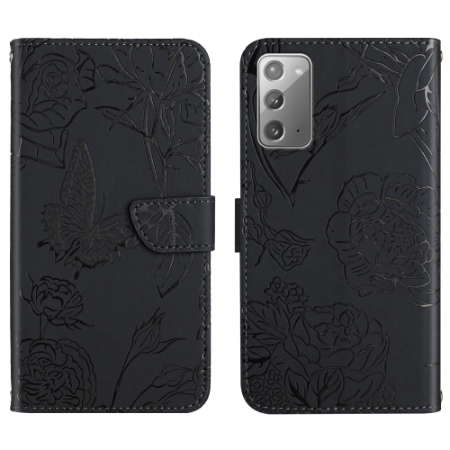 

For Samsung Galaxy Note20 Skin Feel Butterfly Peony Embossed Leather Phone Case(Black)