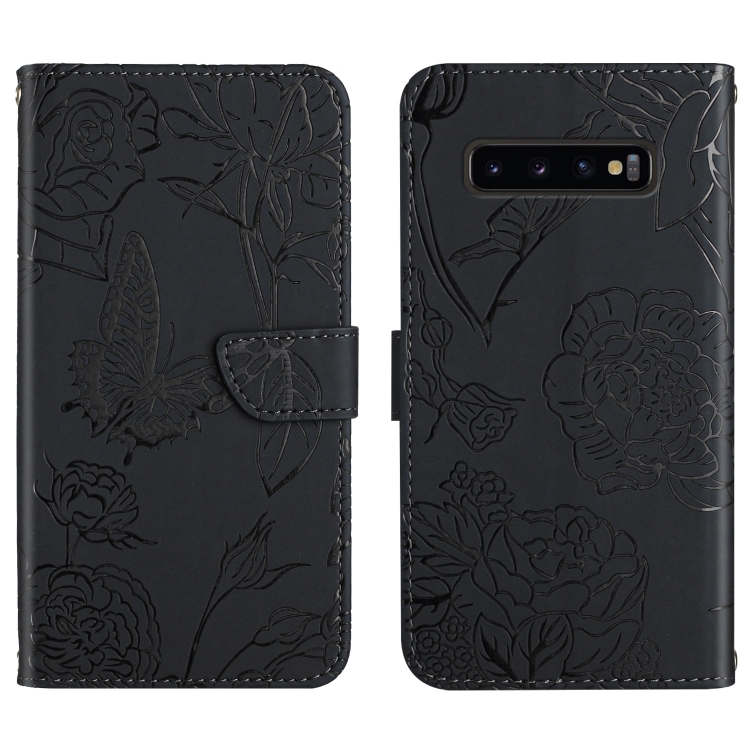 

For Samsung Galaxy S10+ Skin Feel Butterfly Peony Embossed Leather Phone Case(Black)