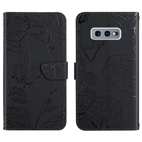 

For Samsung Galaxy S10e Skin Feel Butterfly Peony Embossed Leather Phone Case(Black)