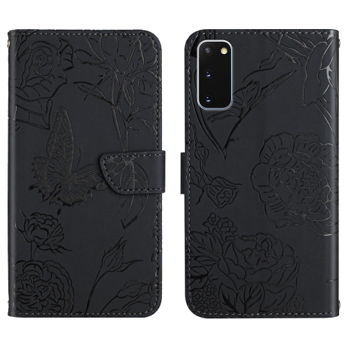 

For Samsung Galaxy S20 Skin Feel Butterfly Peony Embossed Leather Phone Case(Black)