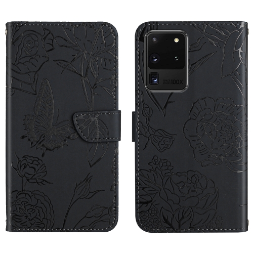 

For Samsung Galaxy S20 Ultra Skin Feel Butterfly Peony Embossed Leather Phone Case(Black)