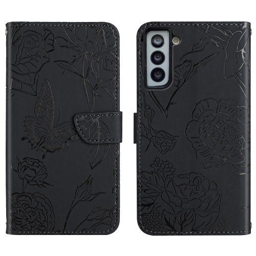 

For Samsung Galaxy S21+ 5G Skin Feel Butterfly Peony Embossed Leather Phone Case(Black)