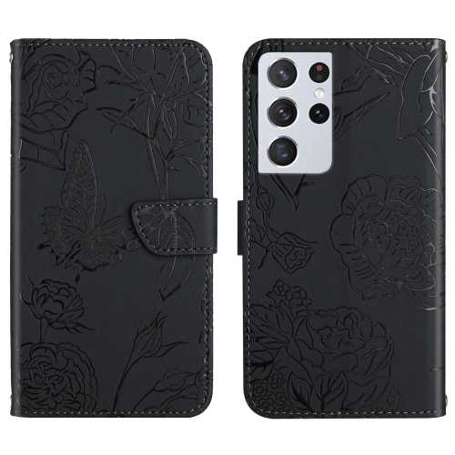 

For Samsung Galaxy S21 Ultra 5G Skin Feel Butterfly Peony Embossed Leather Phone Case(Black)