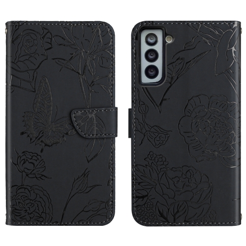 

For Samsung Galaxy S22 5G Skin Feel Butterfly Peony Embossed Leather Phone Case(Black)