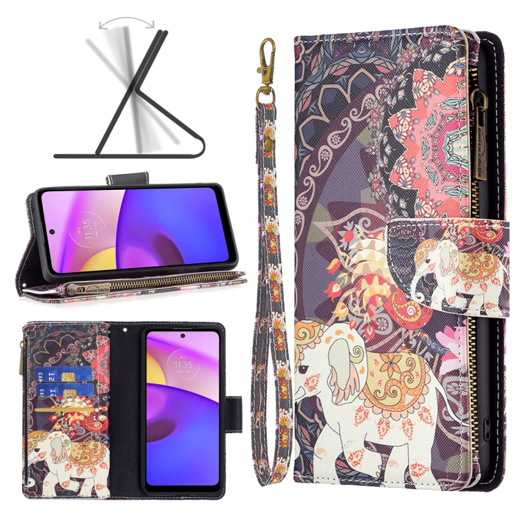 

For Motorola Moto E40 / E30 Colored Drawing Pattern Zipper Leather Phone Case(Flower Elephants)