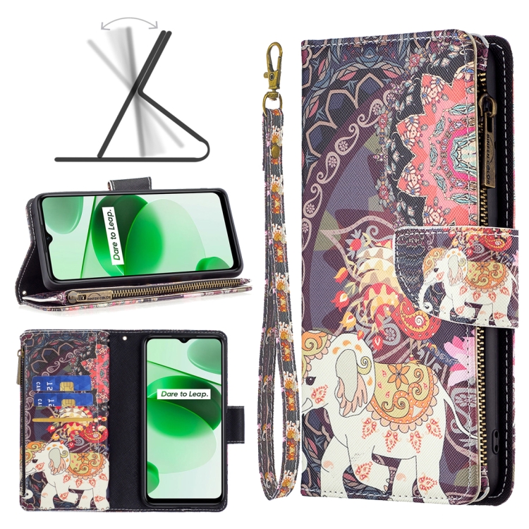 

For OPPO Realme C35 Colored Drawing Pattern Zipper Leather Phone Case(Flower Elephants)