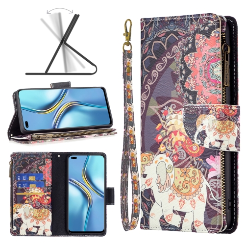 

For Honor X20 Colored Drawing Pattern Zipper Leather Phone Case(Flower Elephants)