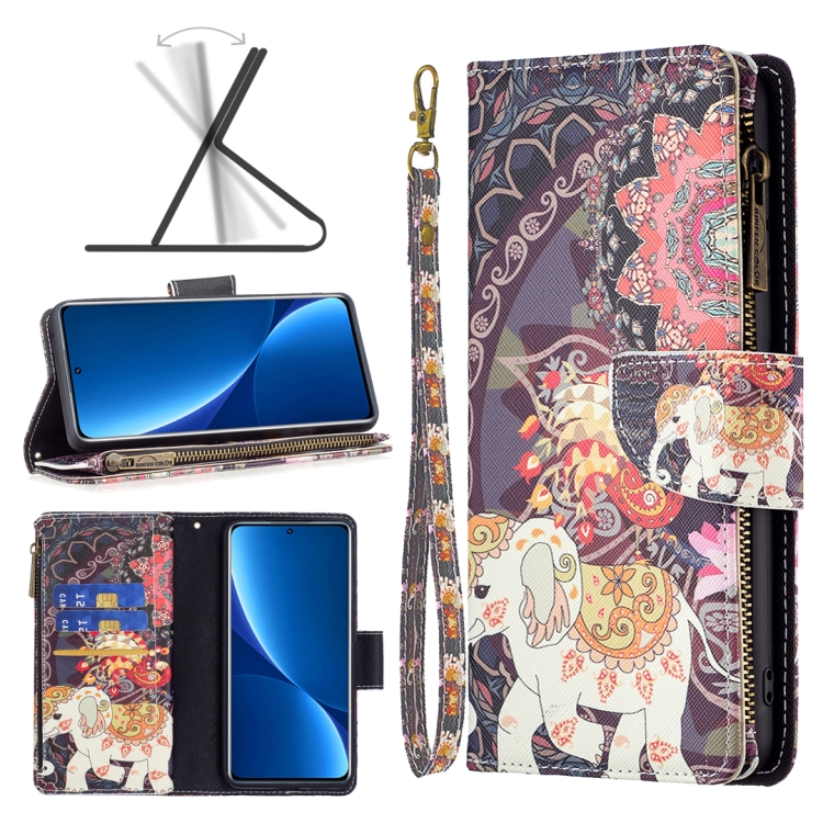 

For Xiaomi 12 Pro Colored Drawing Pattern Zipper Leather Phone Case(Flower Elephants)