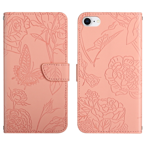 

For iPhone SE 2022 / SE 2020 / 8 / 7 Skin Feel Butterfly Peony Embossed Leather Phone Case(Pink)