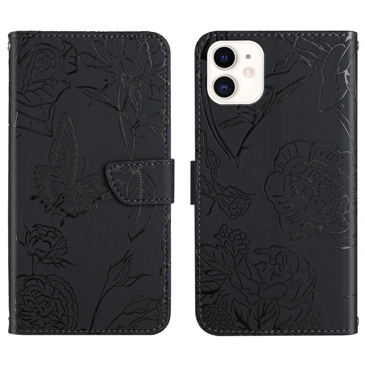 

Skin Feel Butterfly Peony Embossed Leather Phone Case For iPhone 12 mini(Black)