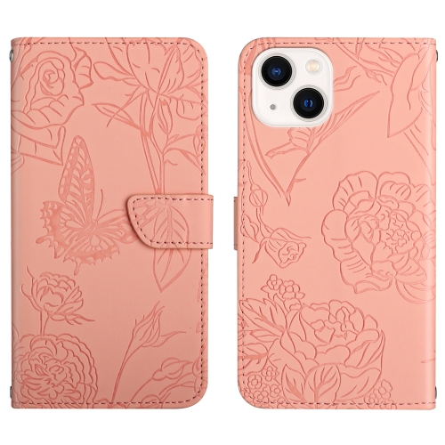 

Skin Feel Butterfly Peony Embossed Leather Phone Case For iPhone 13(Pink)