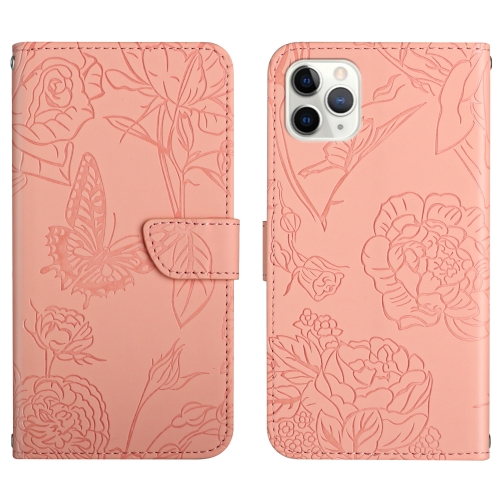 

For iPhone 13 Pro Skin Feel Butterfly Peony Embossed Leather Phone Case (Pink)