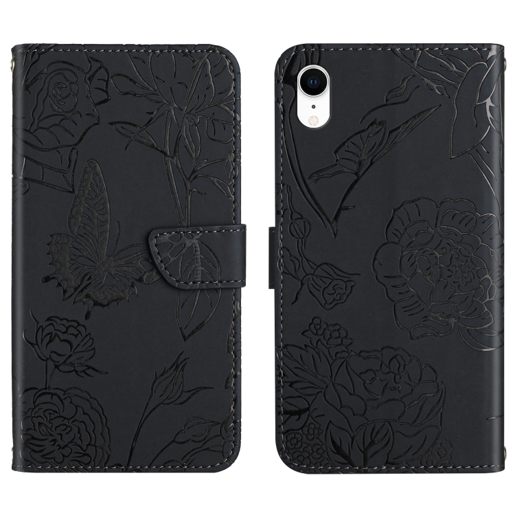 

For iPhone XR Skin Feel Butterfly Peony Embossed Leather Phone Case(Black)