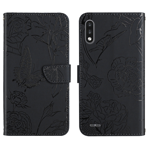 

For LG K22 Skin Feel Butterfly Peony Embossed Leather Phone Case(Black)