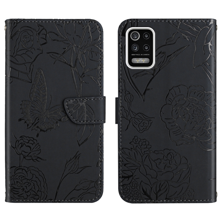 

For LG K52 Skin Feel Butterfly Peony Embossed Leather Phone Case(Black)