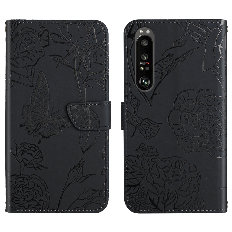 

For Sony Xperia 1 II Skin Feel Butterfly Peony Embossed Leather Phone Case(Black)
