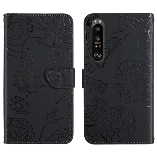 

For Sony Xperia 1 IV Skin Feel Butterfly Peony Embossed Leather Phone Case(Black)