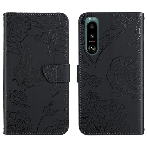 

For Sony Xperia 5 III Skin Feel Butterfly Peony Embossed Leather Phone Case(Black)