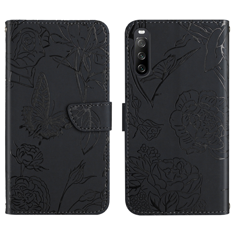 

For Sony Xperia 10 III Skin Feel Butterfly Peony Embossed Leather Phone Case(Black)