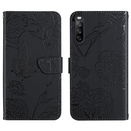 

For Sony Xperia 10 IV Skin Feel Butterfly Peony Embossed Leather Phone Case(Black)