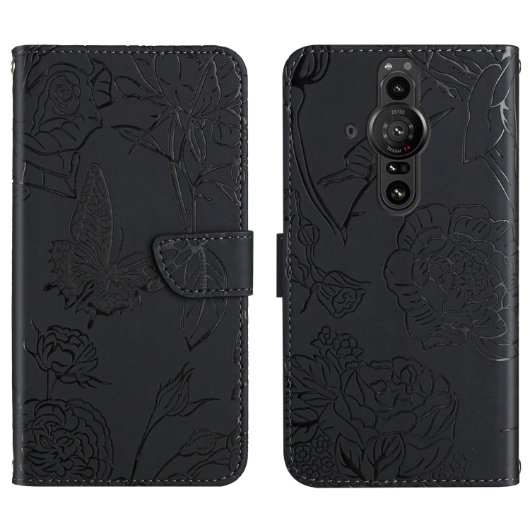 

For Sony Xperia Pro-I Skin Feel Butterfly Peony Embossed Leather Phone Case(Black)